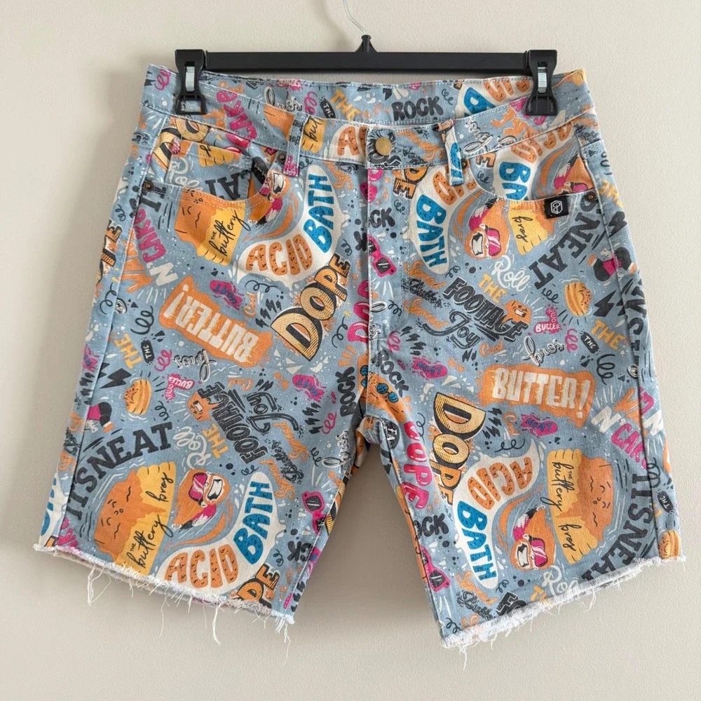 Born Primitive x Buttery Bros Mens Graffiti Print Denim Shorts Size L Streetwear